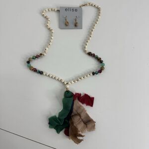 Long Beaded Crystal Tassel Necklace + Earrings Glass Boho Fabric Festival 22”